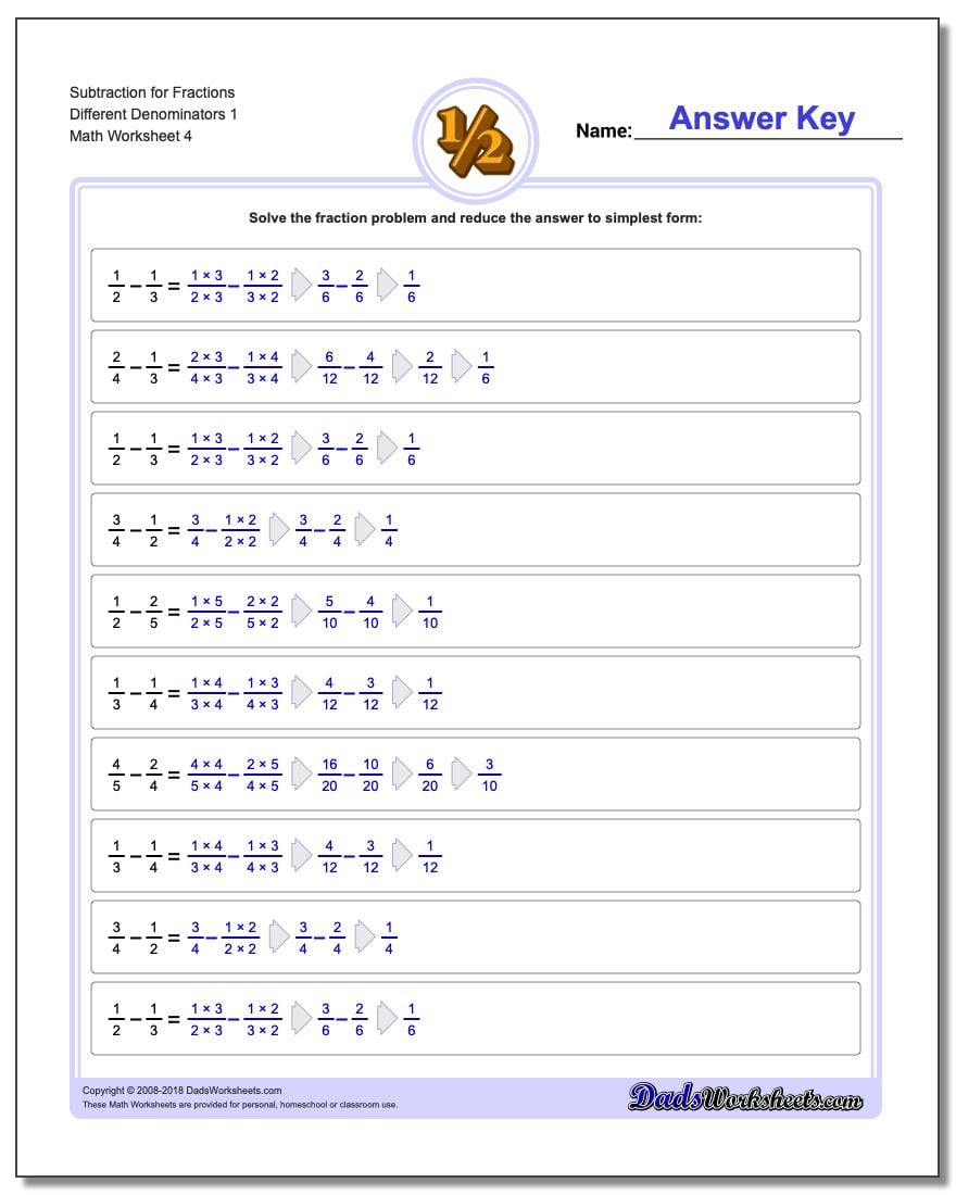 Subtraction Worksheet for Fraction Worksheets Different Denominators 1
