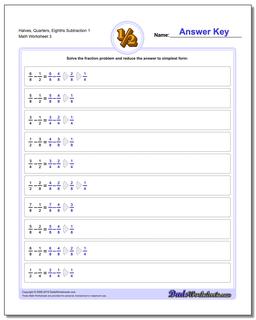 Halves, Quarters, Eighths Subtraction Worksheet 1