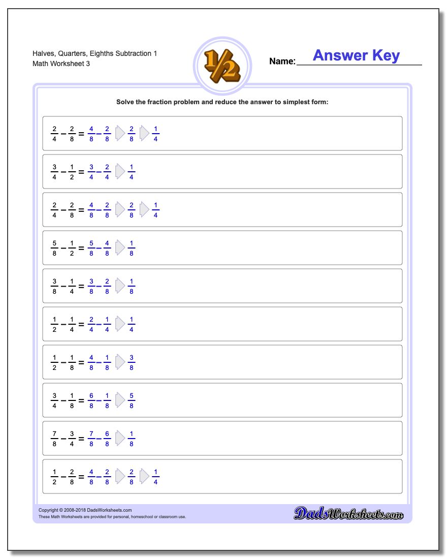 Halves, Quarters, Eighths Subtraction Worksheet 1