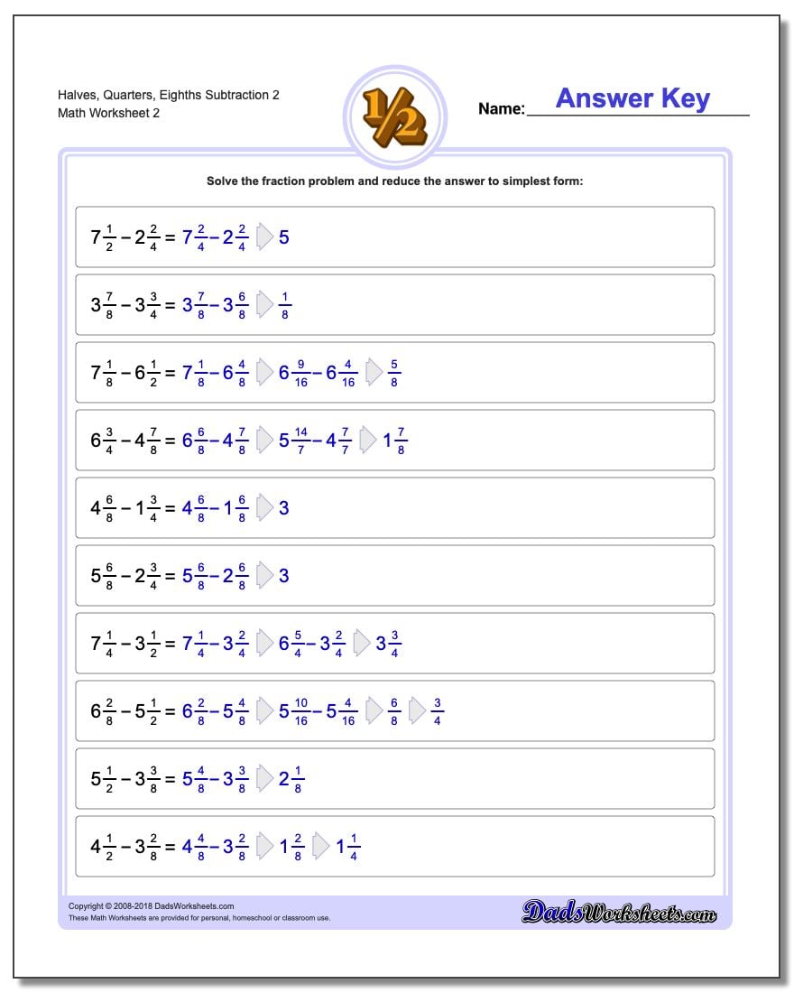 Halves, Quarters, Eighths Subtraction Worksheet 2 www.dadsworksheets.com/worksheets/fraction-subtraction.html
