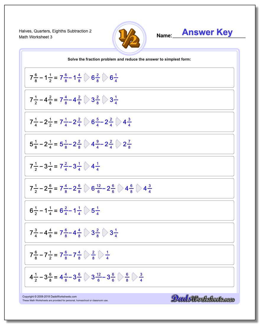 Halves, Quarters, Eighths Subtraction Worksheet 2