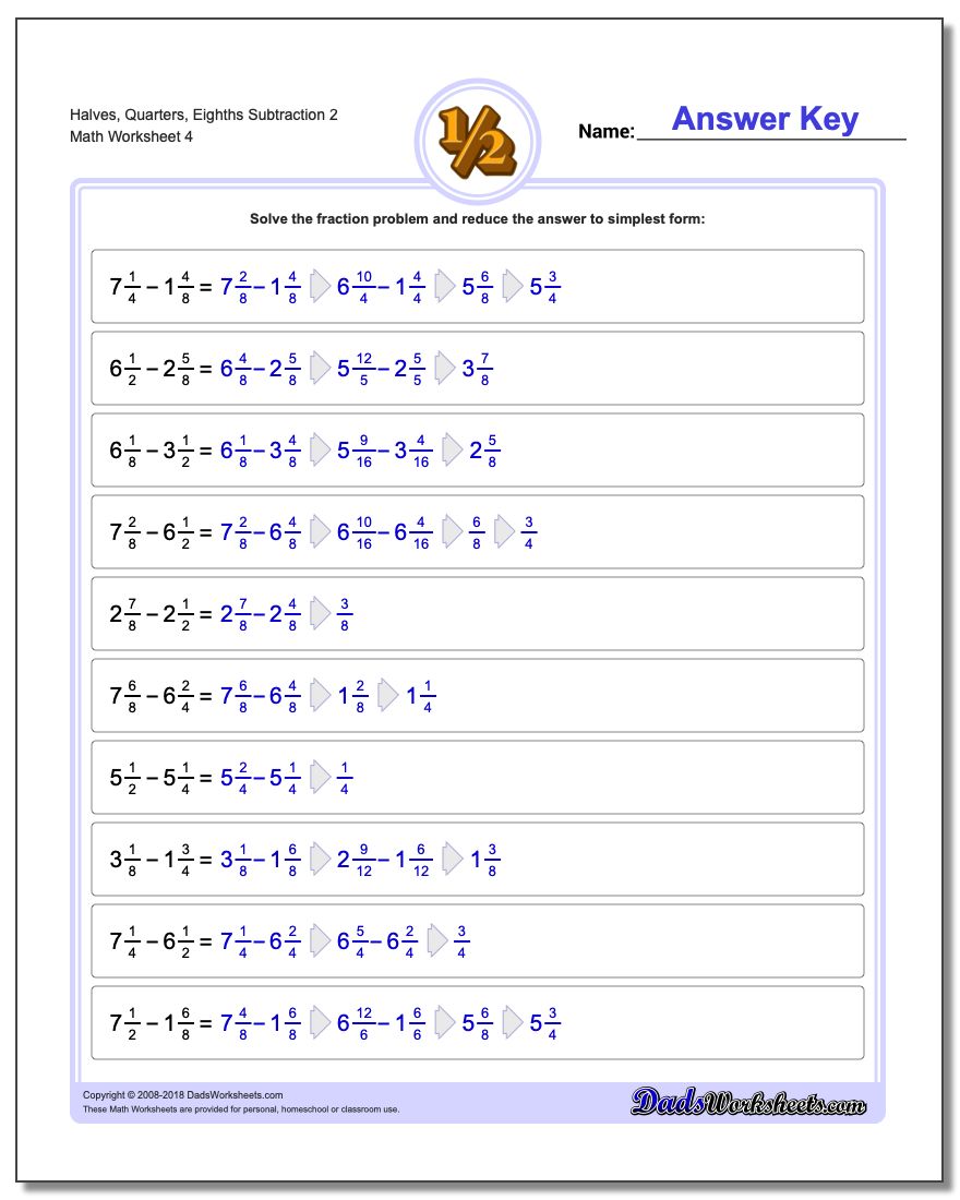Halves, Quarters, Eighths Subtraction Worksheet 2