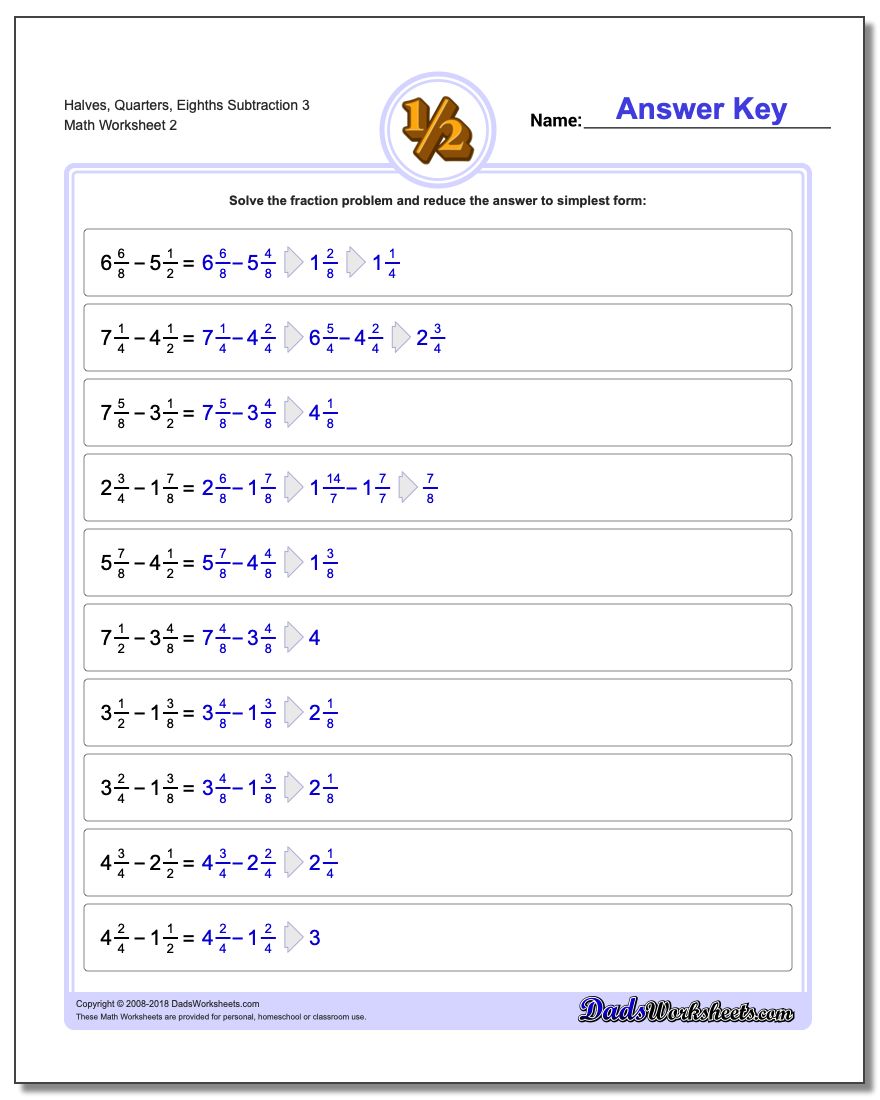 Halves, Quarters, Eighths Subtraction Worksheet 3 www.dadsworksheets.com/worksheets/fraction-subtraction.html