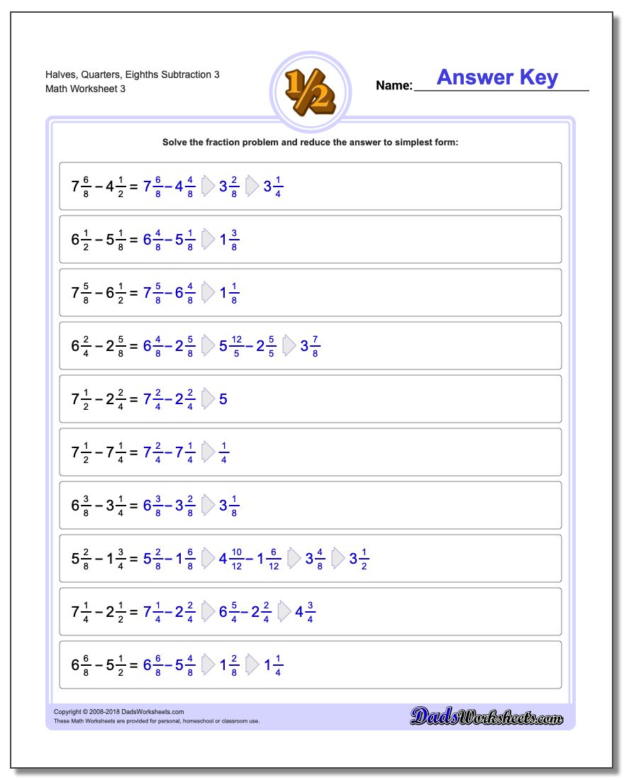 Halves, Quarters, Eighths Subtraction Worksheet 3