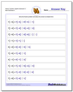 Halves, Quarters, Eighths Subtraction Worksheet 3