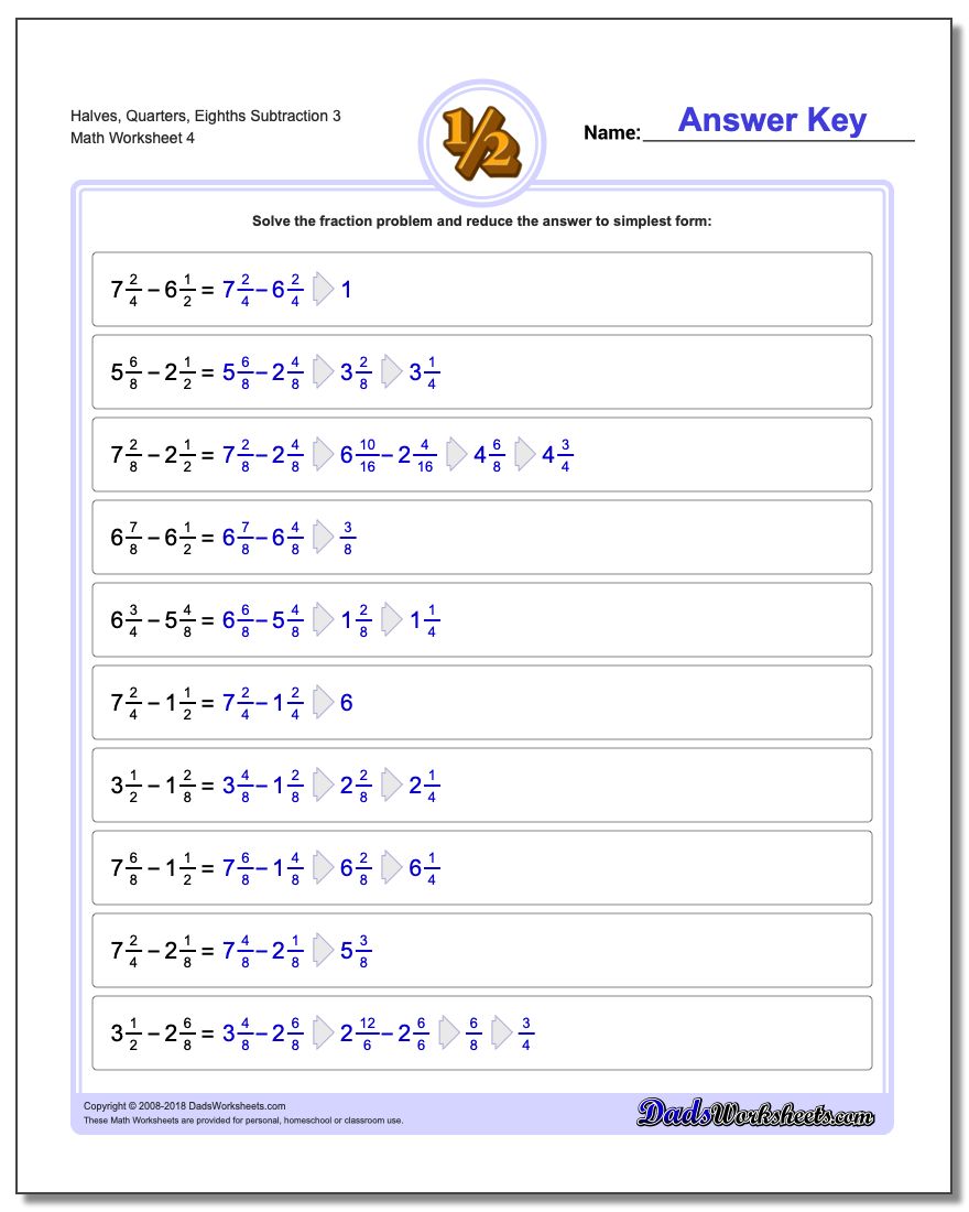 Halves, Quarters, Eighths Subtraction Worksheet 3