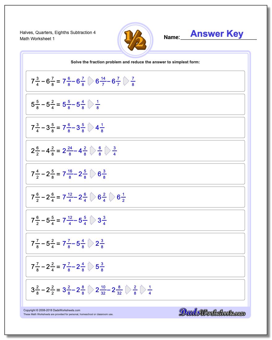 Halves, Quarters, Eighths Subtraction Worksheet 4 Subtracting Fraction Worksheets