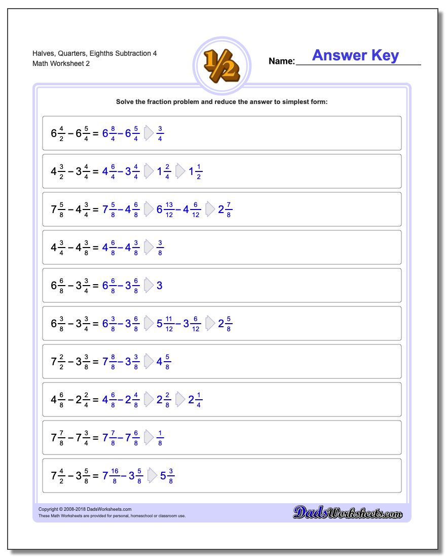 Halves, Quarters, Eighths Subtraction Worksheet 4 www.dadsworksheets.com/worksheets/fraction-subtraction.html