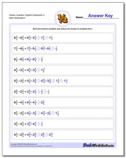 Halves, Quarters, Eighths Subtraction Worksheet 4