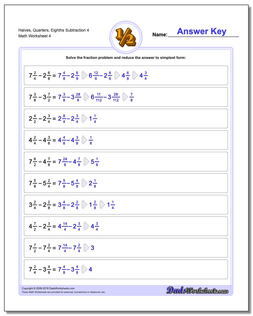 Halves, Quarters, Eighths Subtraction Worksheet 4