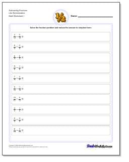 Printable fraction subtraction worksheet with answer key