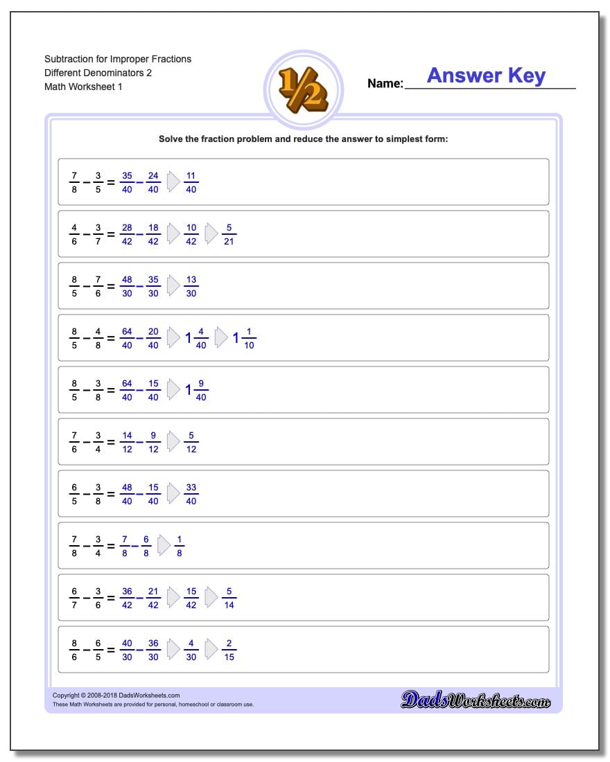 Subtracting Fraction Worksheets Subtraction Worksheet for Improper Different Denominators 2