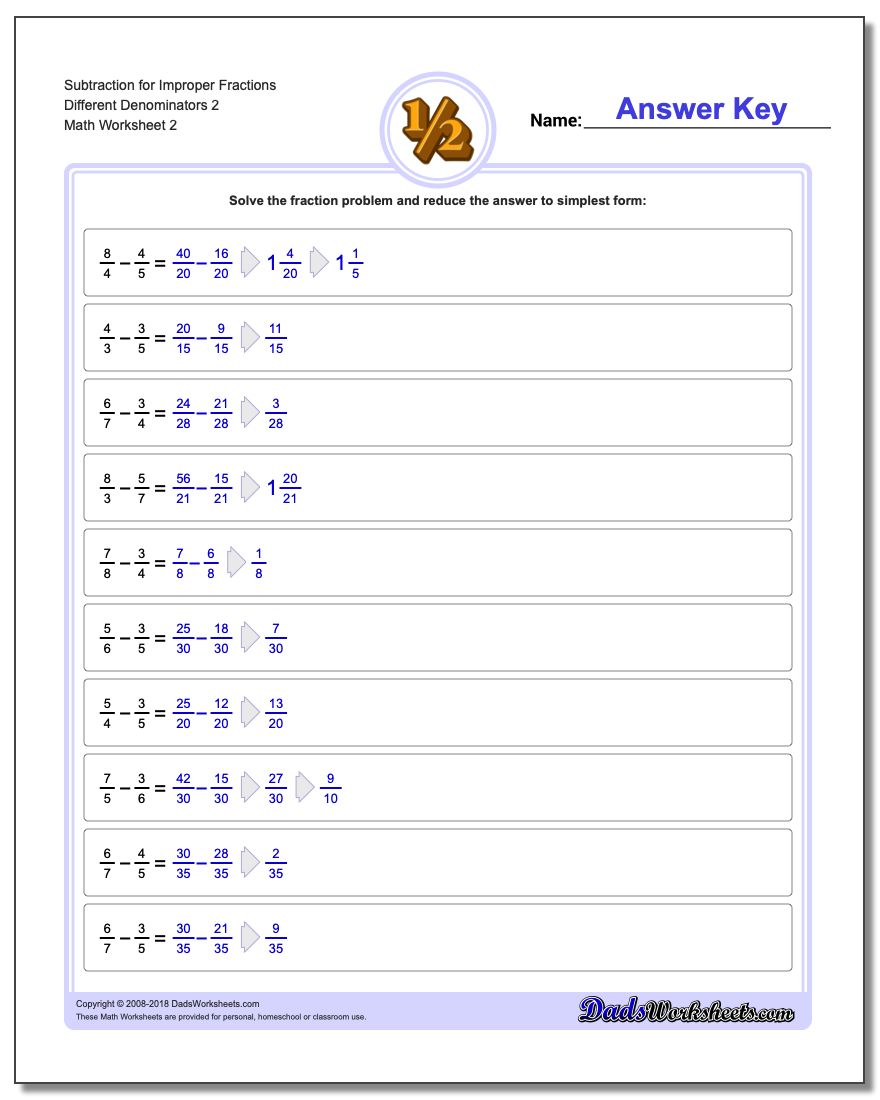 Subtraction Worksheet for Improper Fraction Worksheets Different Denominators 2 www.dadsworksheets.com/worksheets/fraction-subtraction.html