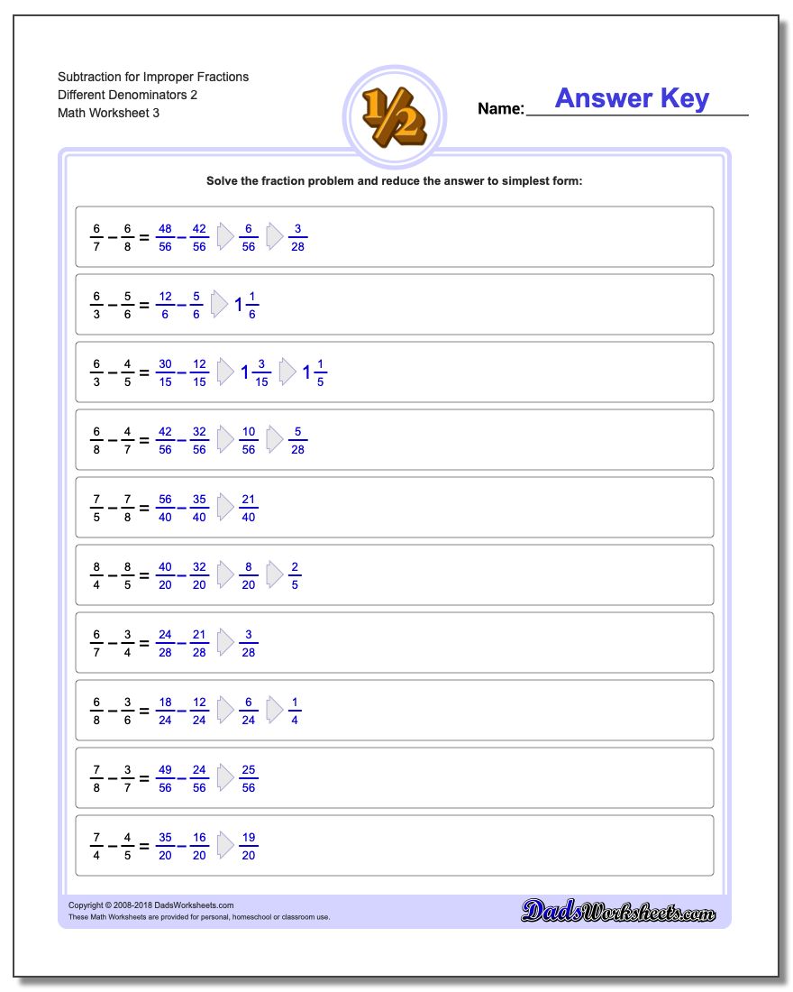 Subtraction Worksheet for Improper Fraction Worksheets Different Denominators 2