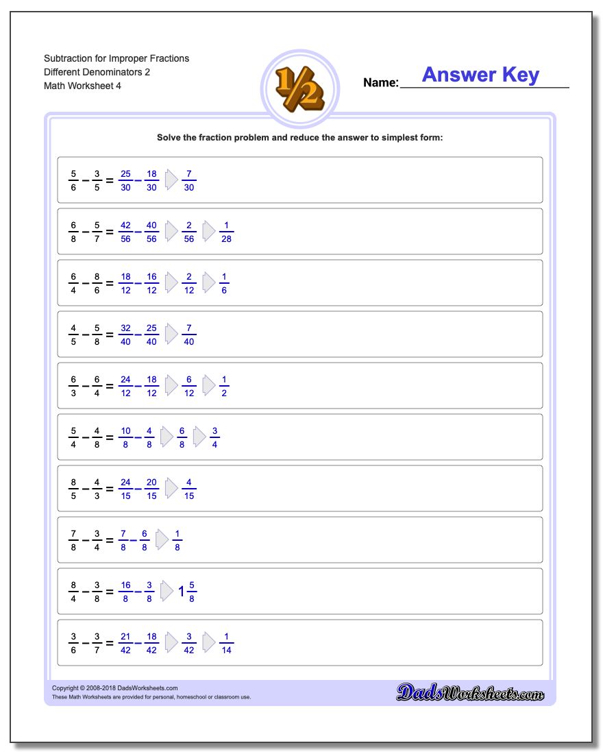 Subtraction Worksheet for Improper Fraction Worksheets Different Denominators 2