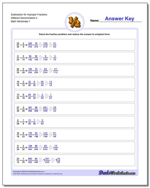Subtracting Improper Fractions with Unlike Denominators