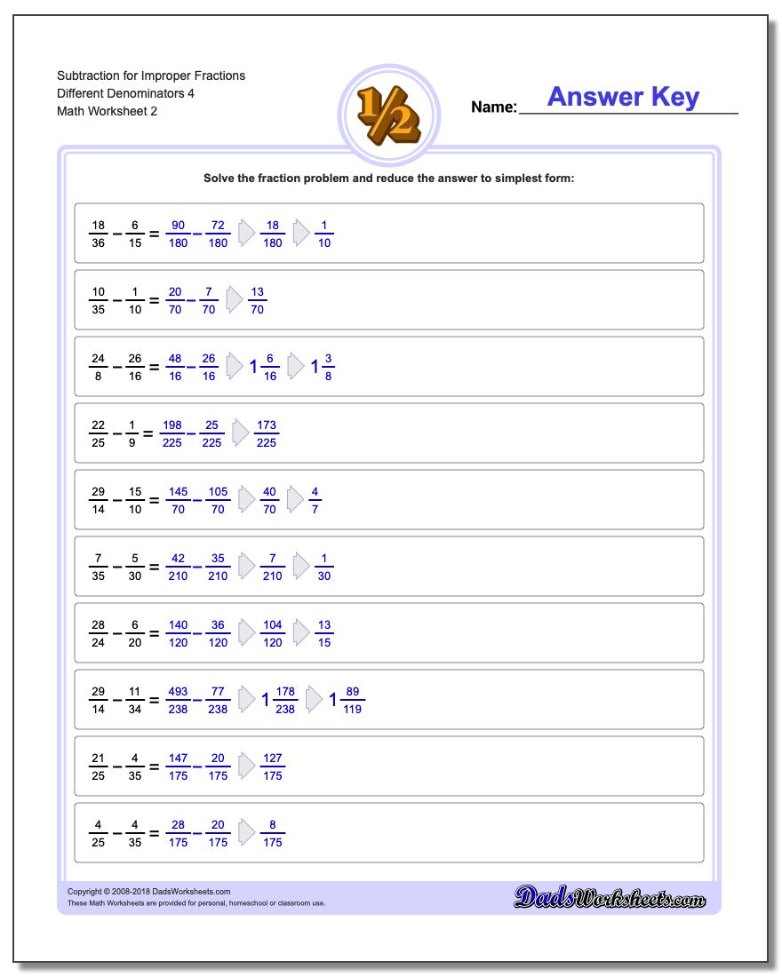 Subtraction Worksheet for Improper Fraction Worksheets Different Denominators 4 www.dadsworksheets.com/worksheets/fraction-subtraction.html