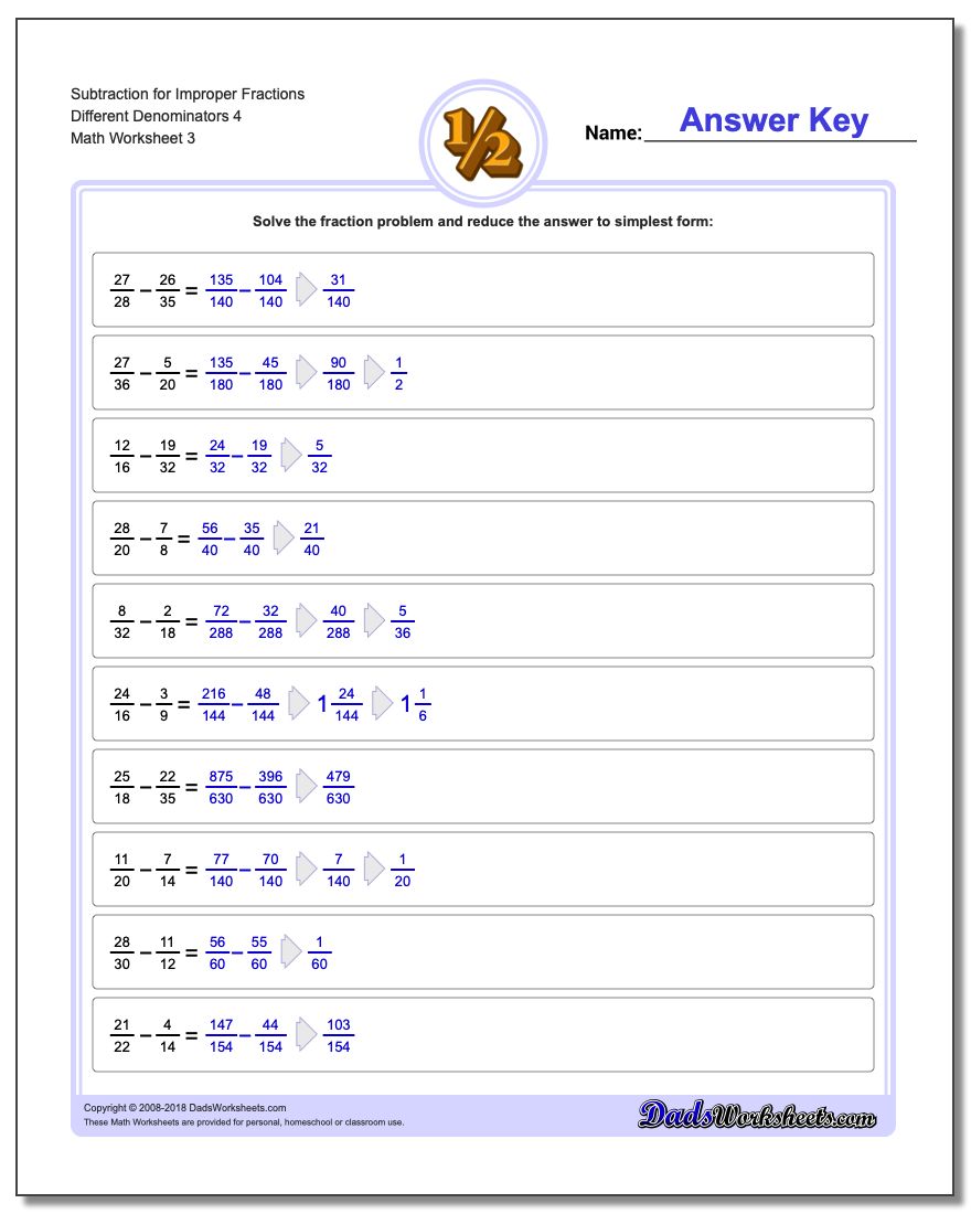 Subtraction Worksheet for Improper Fraction Worksheets Different Denominators 4