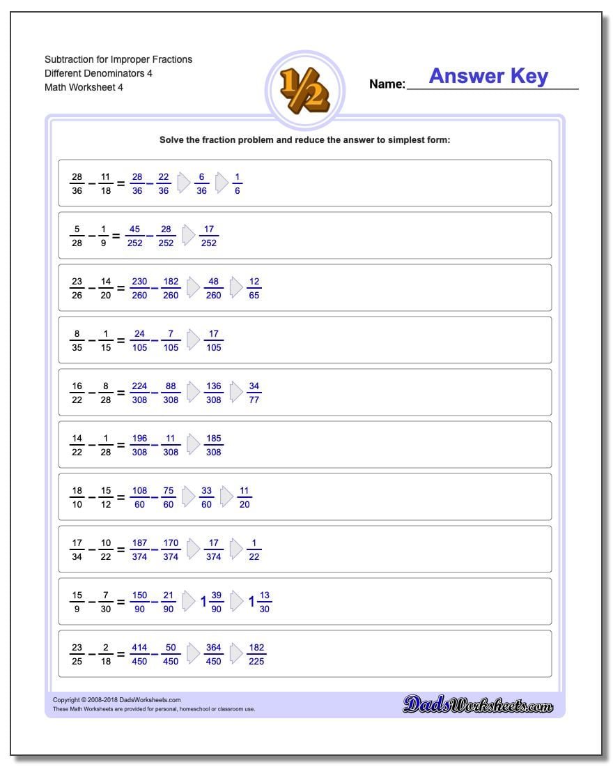 Subtracting Improper Fractions with Unlike Denominators