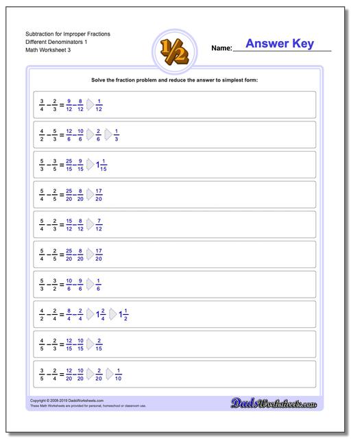 Subtracting Improper Fractions with Unlike Denominators