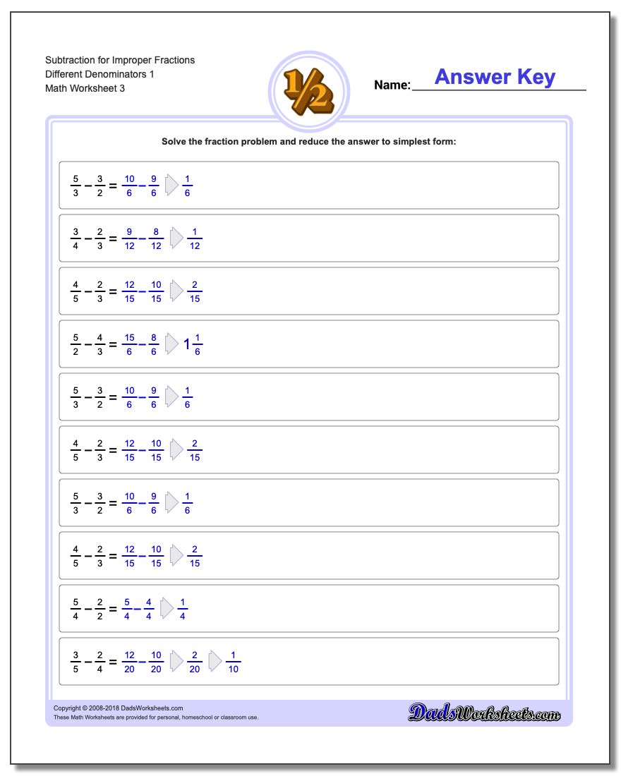 Subtraction Worksheet for Improper Fraction Worksheets Different Denominators 1