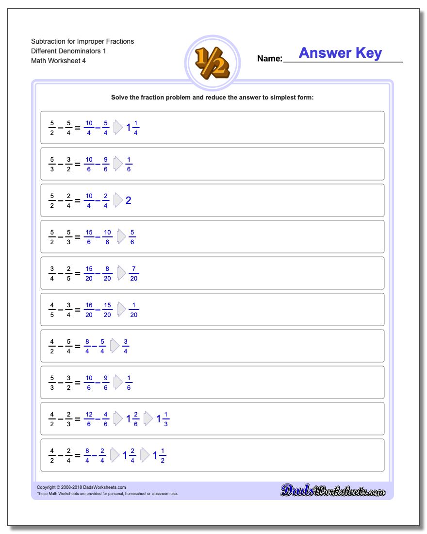 Subtraction Worksheet for Improper Fraction Worksheets Different Denominators 1