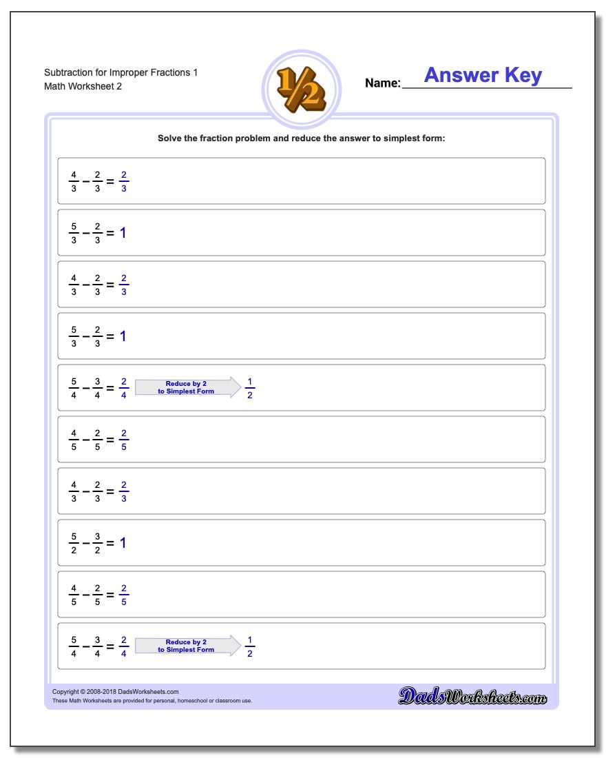 Subtraction Worksheet for Improper Fraction Worksheets 1 www.dadsworksheets.com/worksheets/fraction-subtraction.html