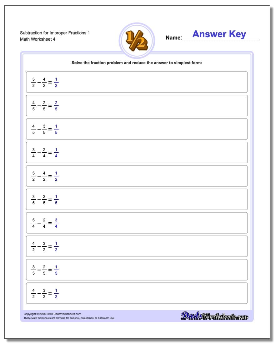Subtraction Worksheet for Improper Fraction Worksheets 1