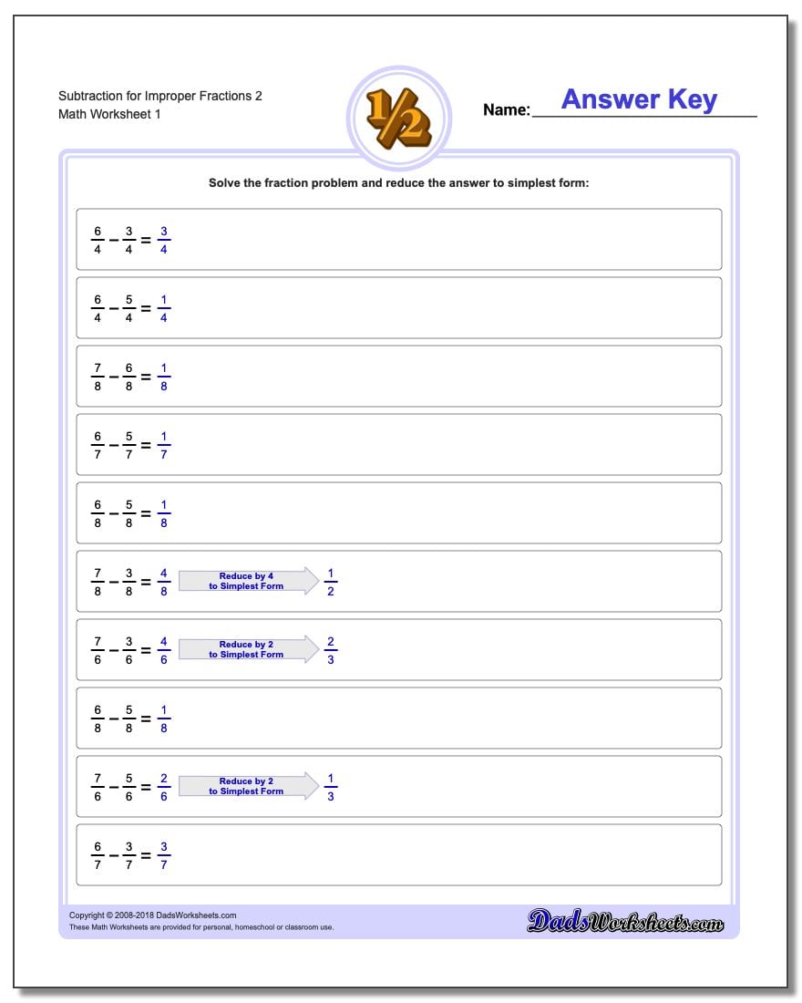 Subtracting Fraction Worksheets Subtraction Worksheet for Improper 2