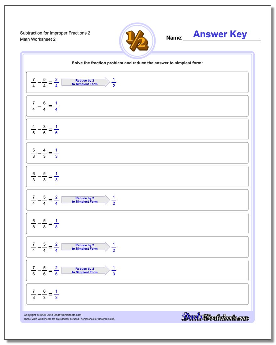 Subtraction Worksheet for Improper Fraction Worksheets 2 www.dadsworksheets.com/worksheets/fraction-subtraction.html