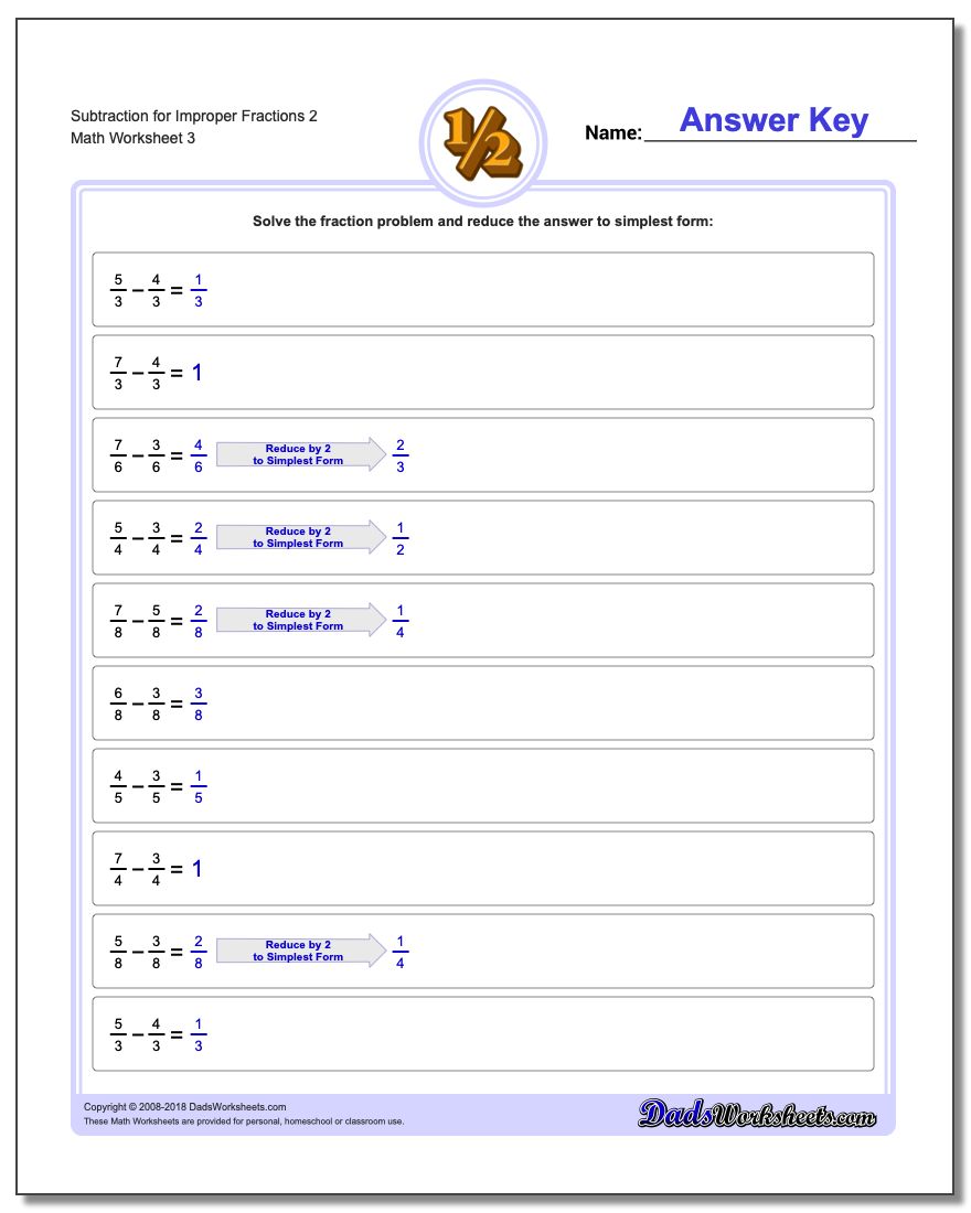 Subtraction Worksheet for Improper Fraction Worksheets 2