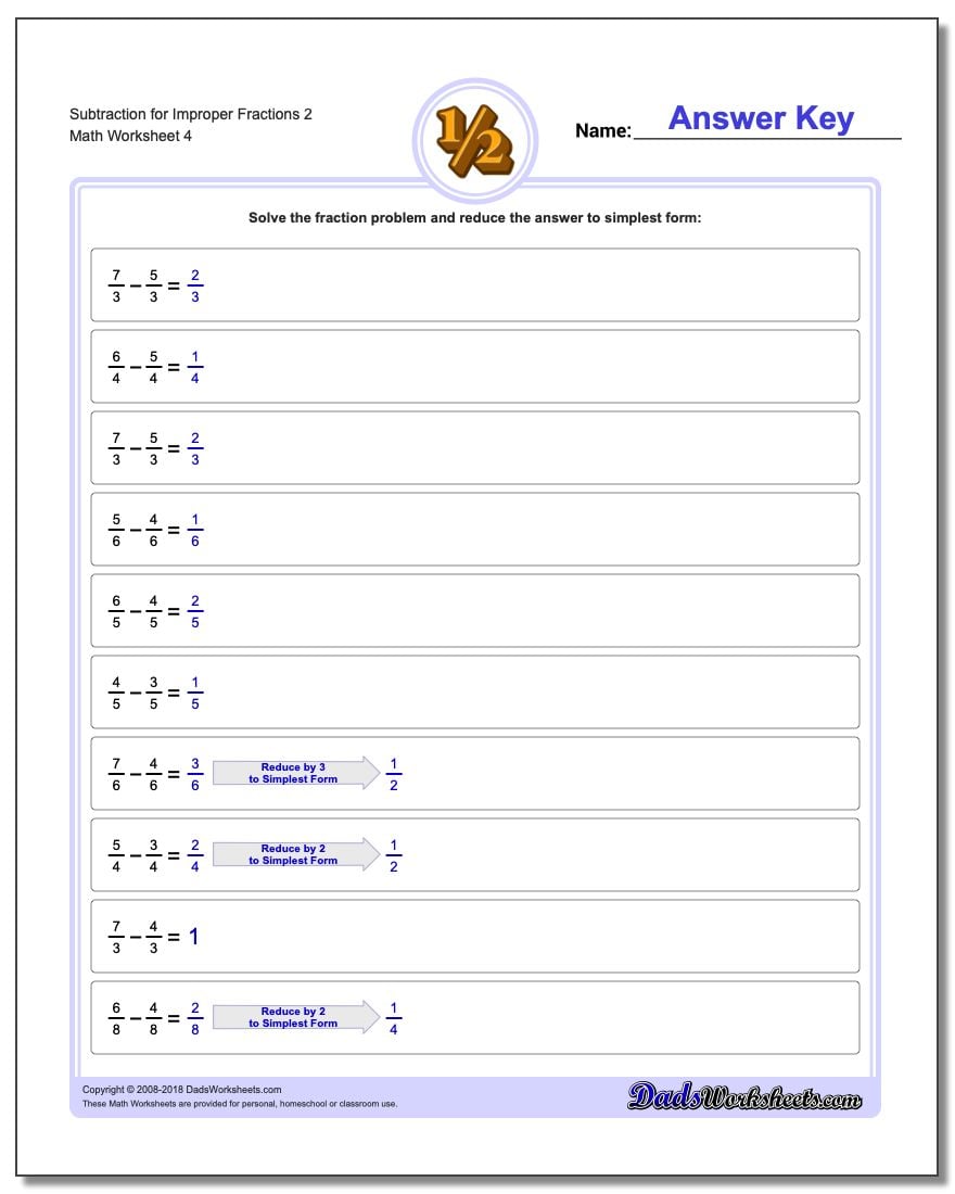 Subtraction Worksheet for Improper Fraction Worksheets 2