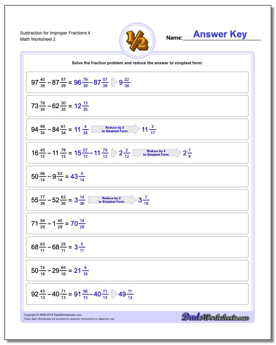 Subtraction Worksheet for Improper Fraction Worksheets 4 www.dadsworksheets.com/worksheets/fraction-subtraction.html