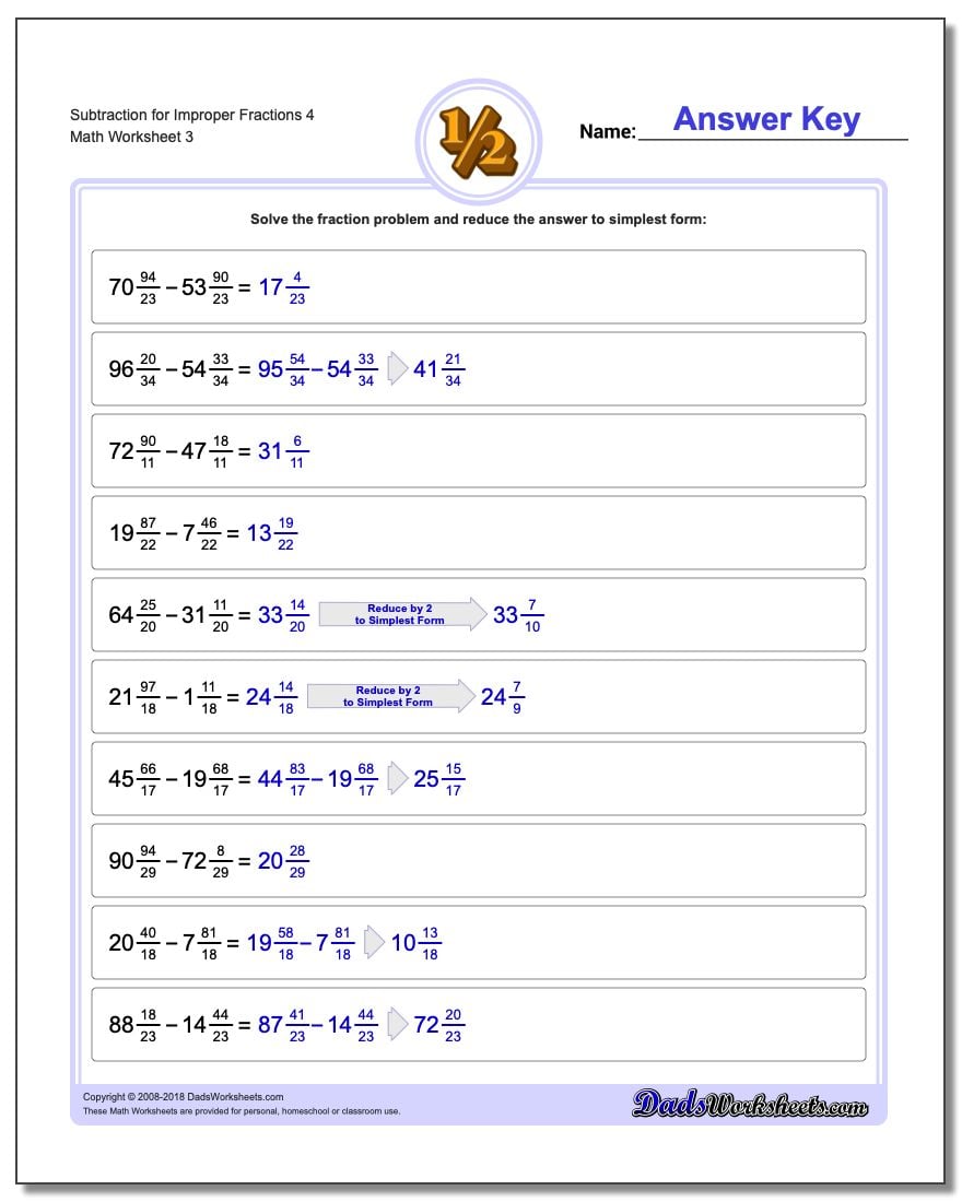 Subtraction Worksheet for Improper Fraction Worksheets 4
