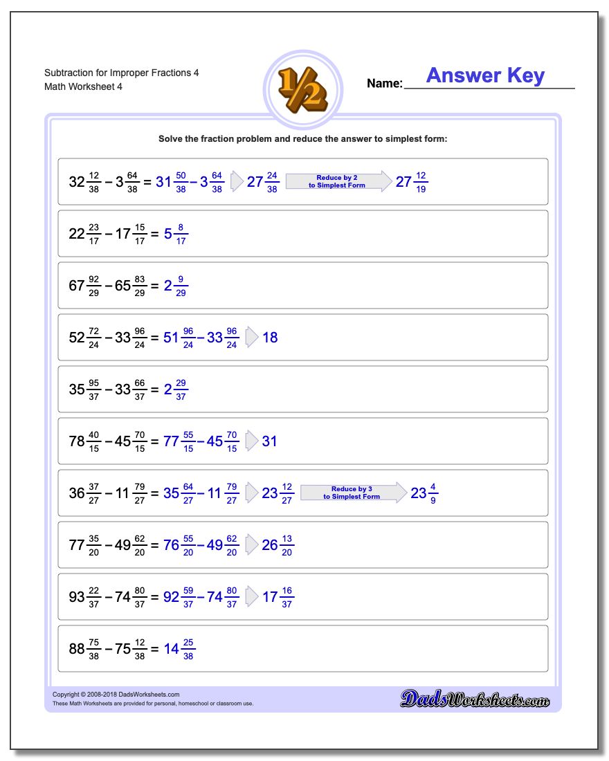 Subtraction Worksheet for Improper Fraction Worksheets 4