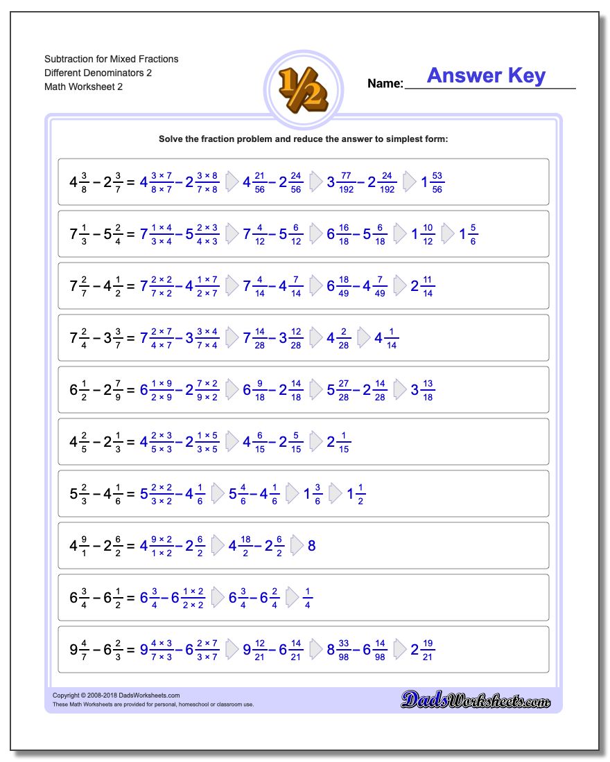 Subtraction Worksheet for Mixed Fraction Worksheets Different Denominators 2 www.dadsworksheets.com/worksheets/fraction-subtraction.html