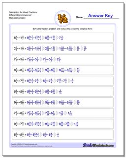 Subtraction Worksheet for Mixed Fraction Worksheets Different Denominators 2