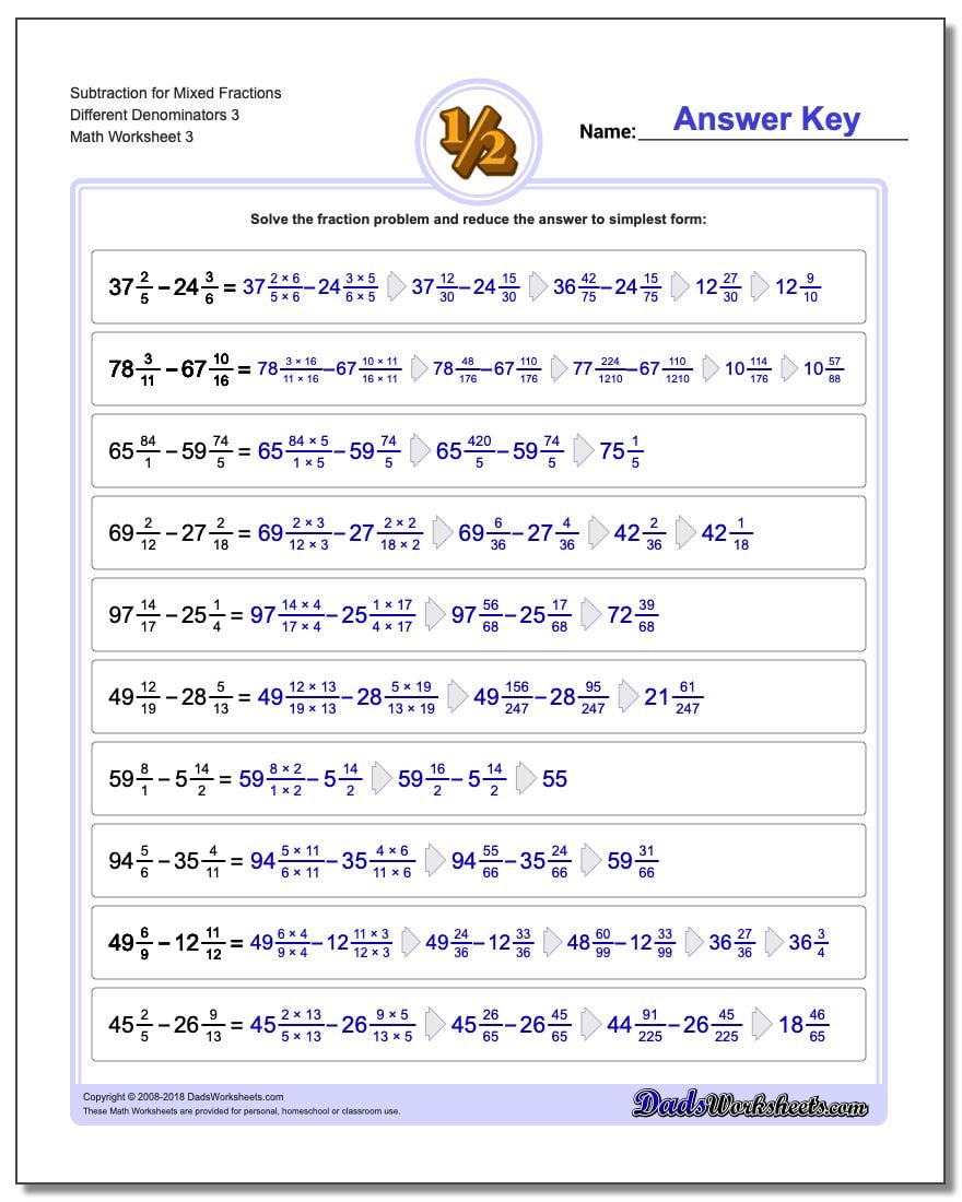 Subtraction Worksheet for Mixed Fraction Worksheets Different Denominators 3