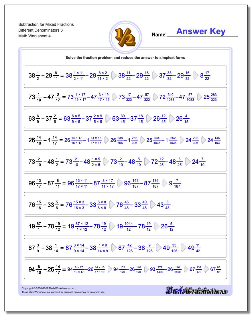 Subtraction Worksheet for Mixed Fraction Worksheets Different Denominators 3