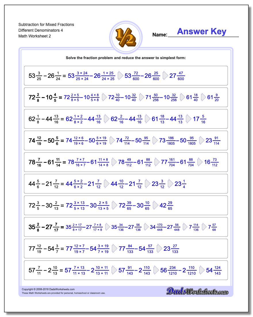 Subtraction Worksheet for Mixed Fraction Worksheets Different Denominators 4 www.dadsworksheets.com/worksheets/fraction-subtraction.html