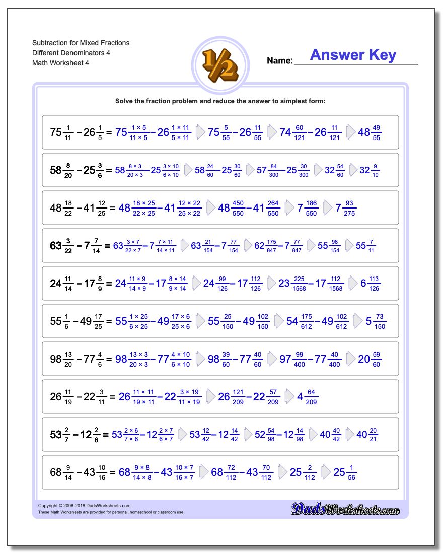 Subtraction Worksheet for Mixed Fraction Worksheets Different Denominators 4