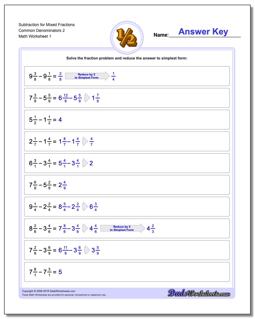 Subtracting Mixed Fractions With A Common Denominator