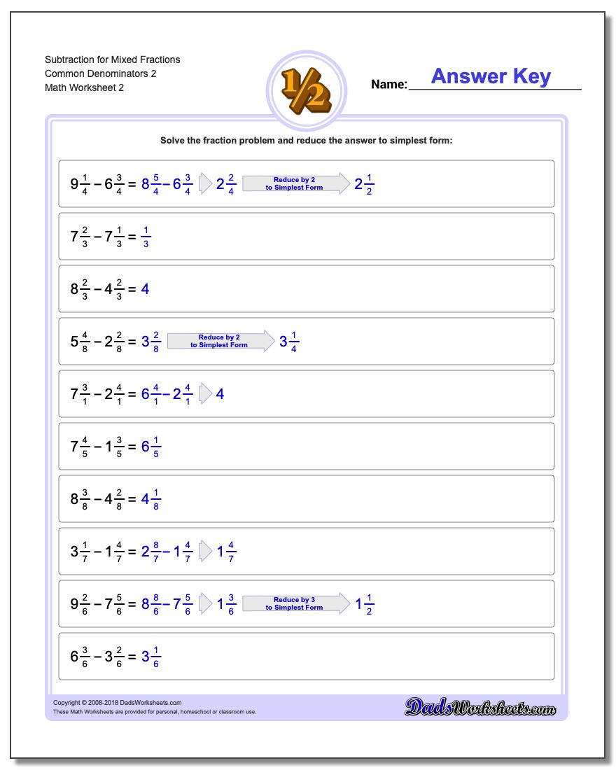 Subtraction Worksheet for Mixed Fraction Worksheets Common Denominators 2 www.dadsworksheets.com/worksheets/fraction-subtraction.html