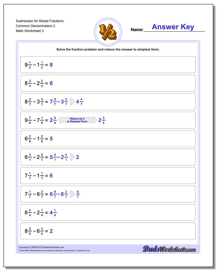 Subtraction Worksheet for Mixed Fraction Worksheets Common Denominators 2
