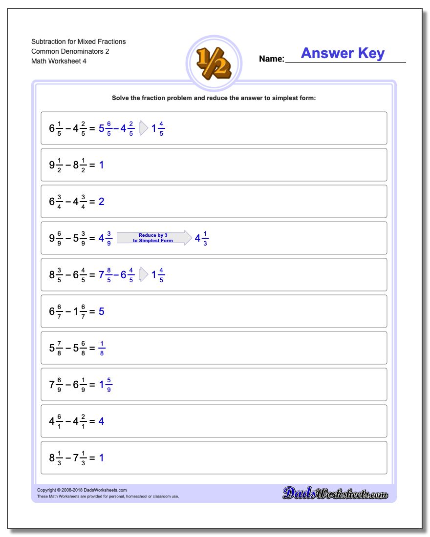 Subtraction Worksheet for Mixed Fraction Worksheets Common Denominators 2
