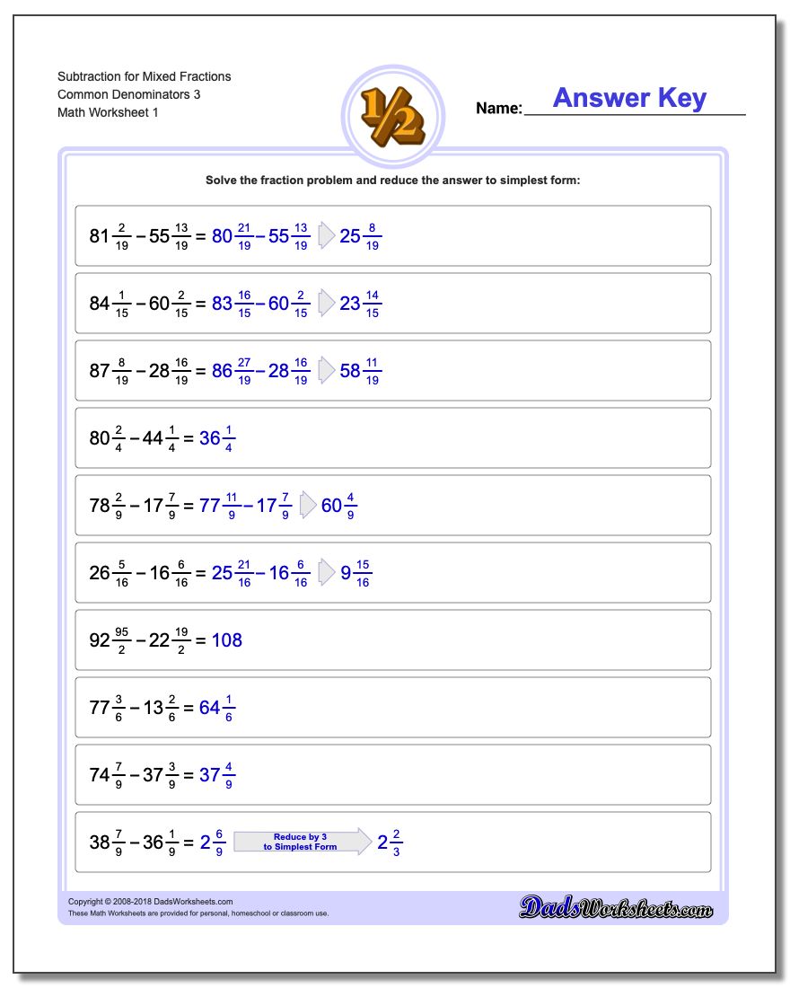 Subtracting Fraction Worksheets Subtraction Worksheet for Mixed Common Denominators 3