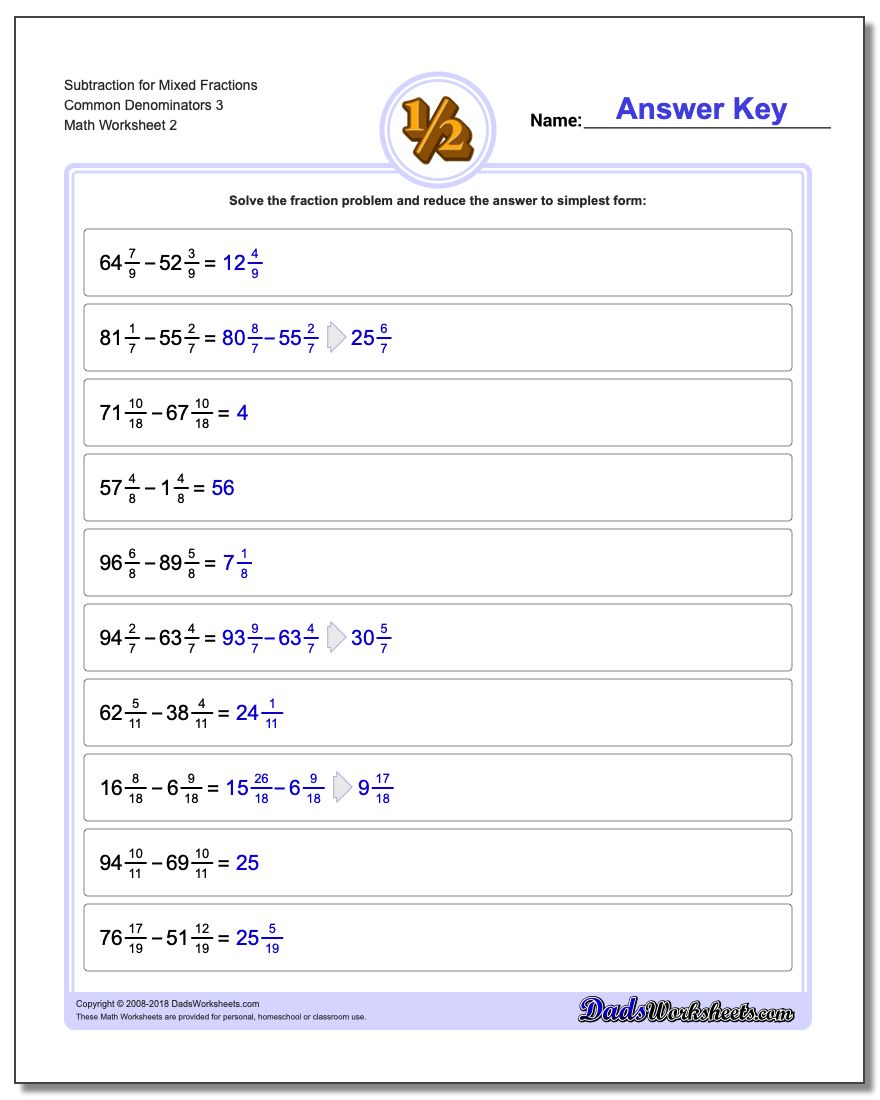 Subtraction Worksheet for Mixed Fraction Worksheets Common Denominators 3 www.dadsworksheets.com/worksheets/fraction-subtraction.html