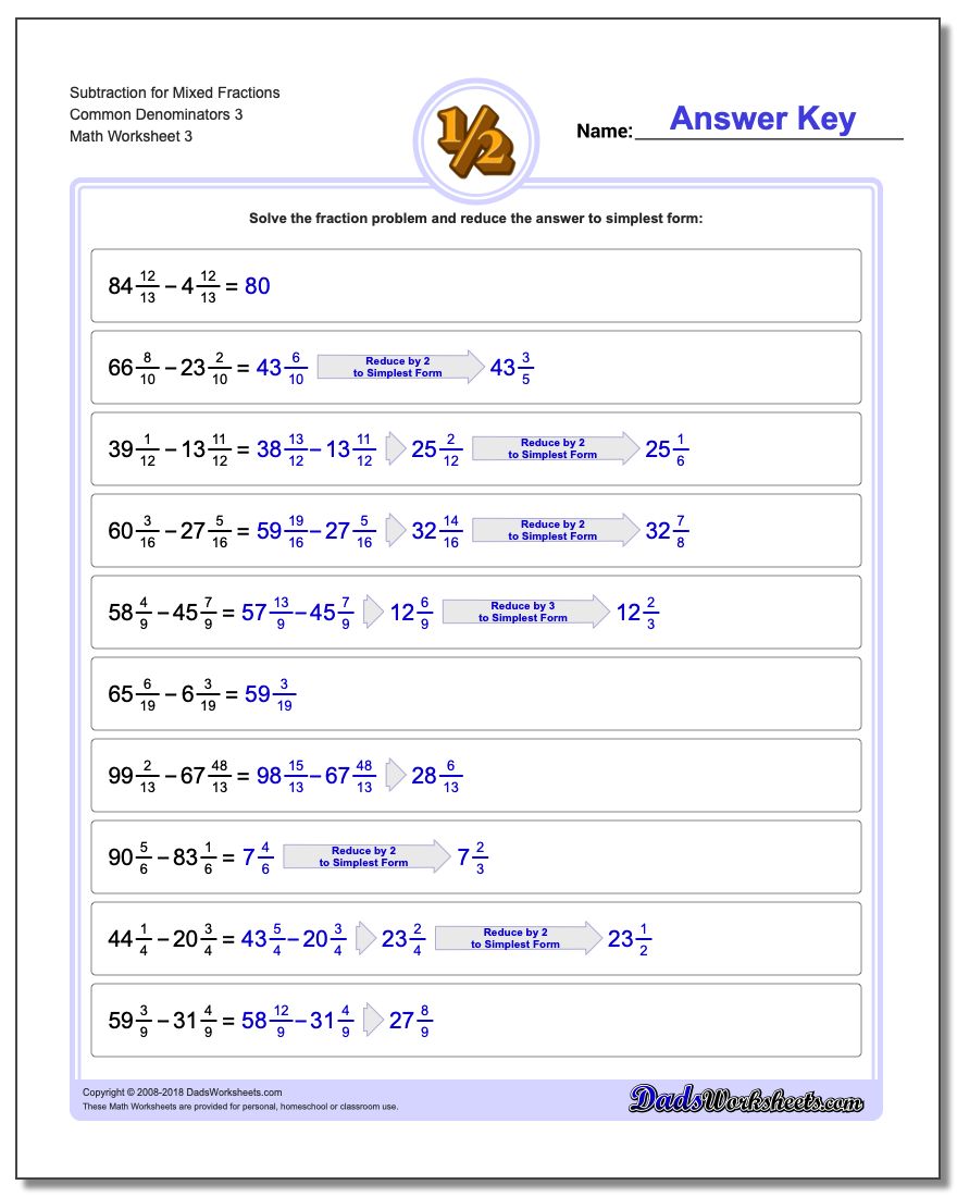 Subtraction Worksheet for Mixed Fraction Worksheets Common Denominators 3