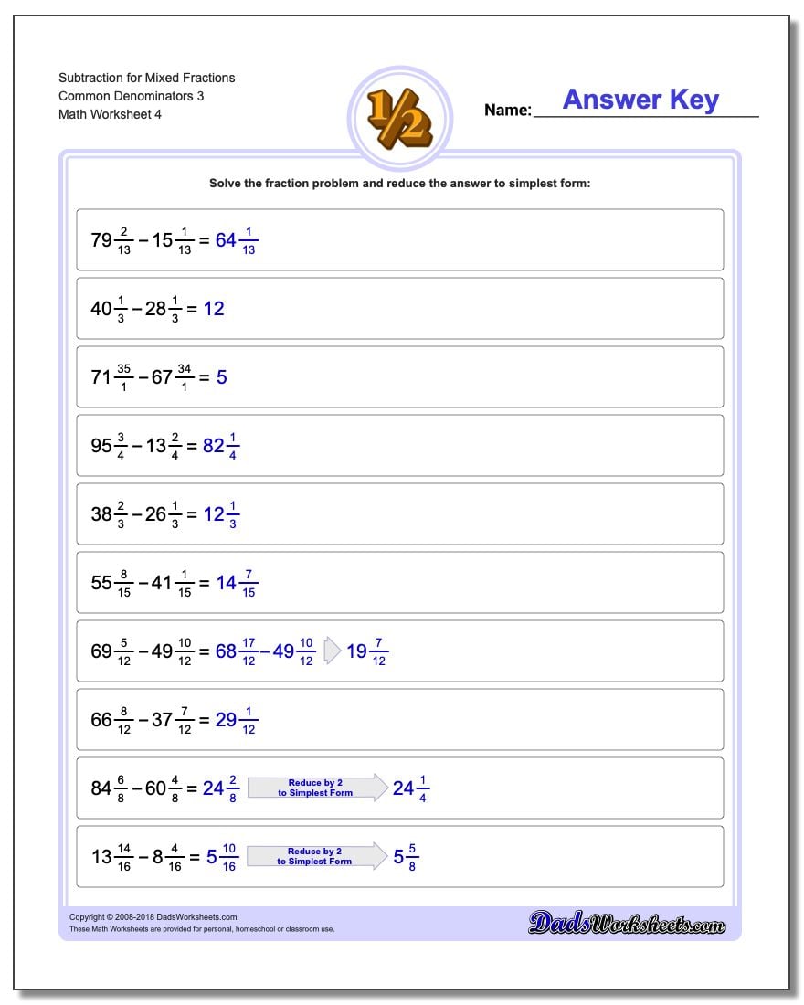 Subtraction Worksheet for Mixed Fraction Worksheets Common Denominators 3