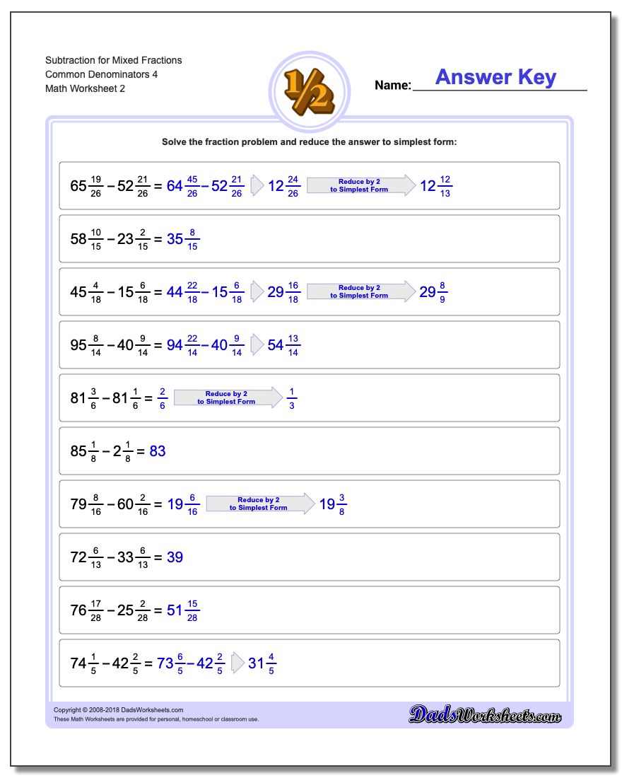 Subtraction Worksheet for Mixed Fraction Worksheets Common Denominators 4 www.dadsworksheets.com/worksheets/fraction-subtraction.html